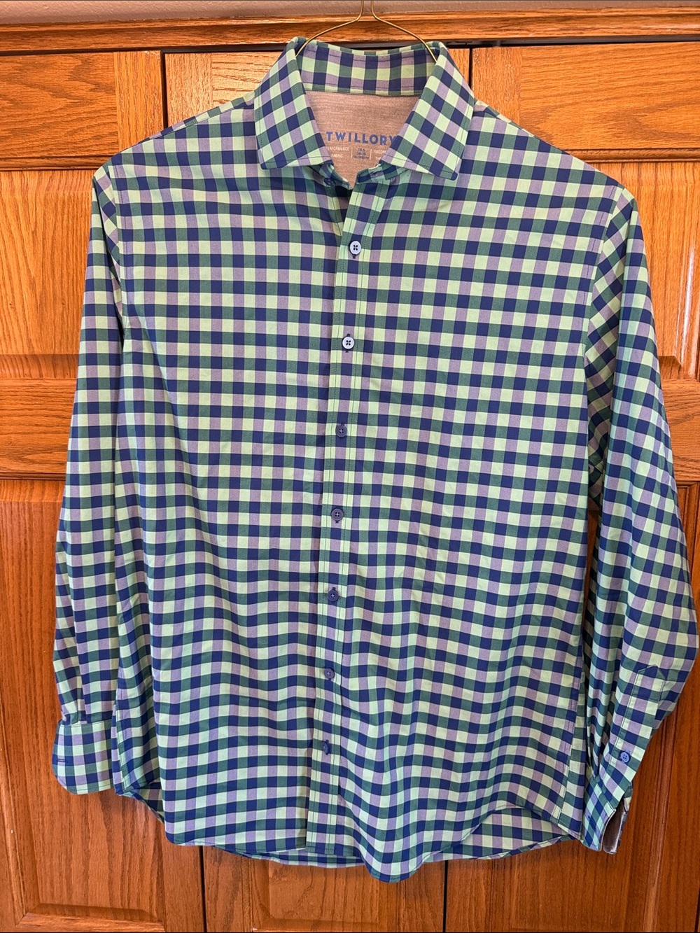 Twillory Men's Green & Navy Gingham Button-Down Shirt-16.5 neck & 34/35
